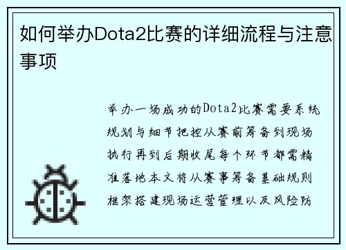 如何举办Dota2比赛的详细流程与注意事项